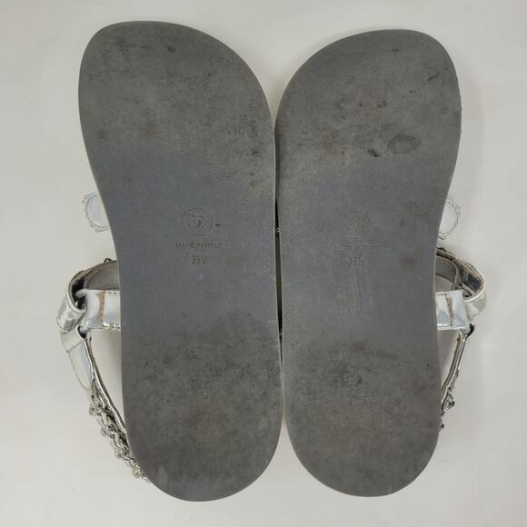 CHANEL Sandals IT39.5 US9.5 Silver Leather Flat Chain Coco Mark Sport 2002 Logo - Picture 12 of 16